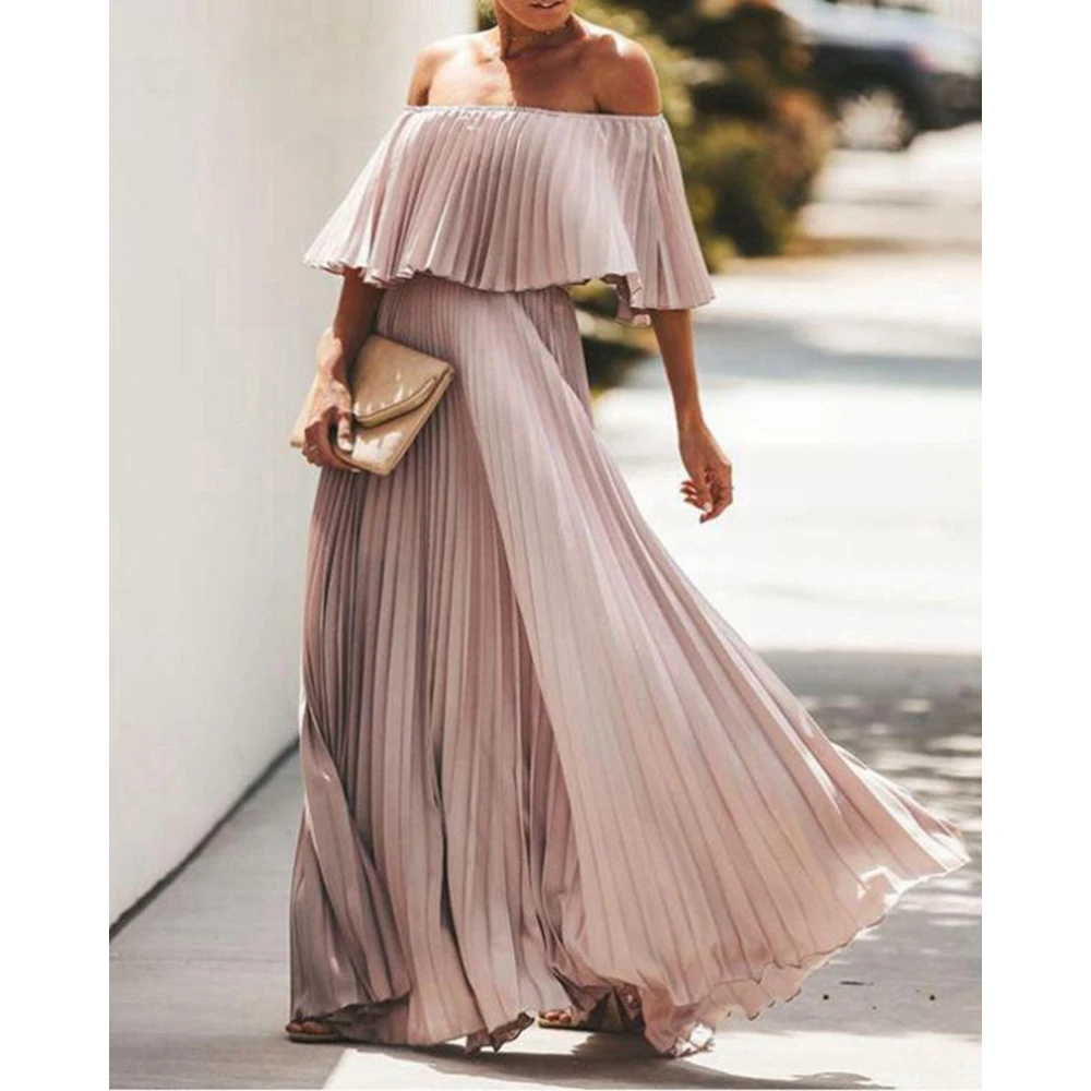 

Elegant Women Off The Shoulder Maxi Party Dress Fashion Sexy Femme Solid Slash Neck Pleated Evening Dress Chiffon Long Outfits