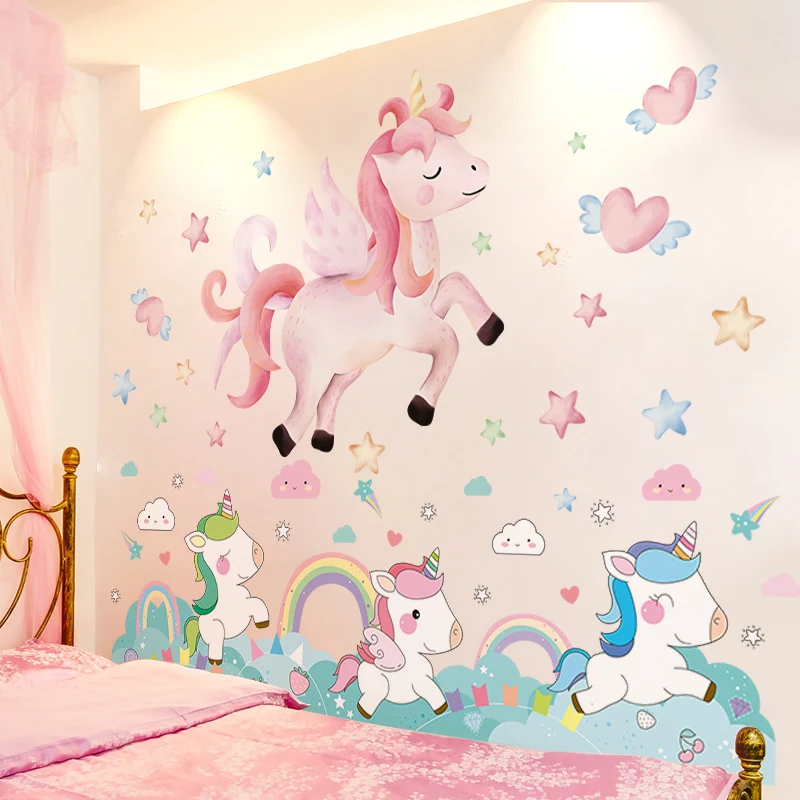 

[shijuekongjian] Cartoon Unicorn Rainbow Wall Stickers Decor DIY Animal Mural Decals for Kids Rooms Baby Bedroom Home Decoration