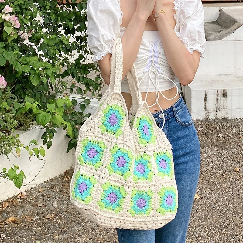 

Designer Braided Crochet Shoulder Bag Women New Casual Ethnic Style Woven Large Big Capacity Floral Purse