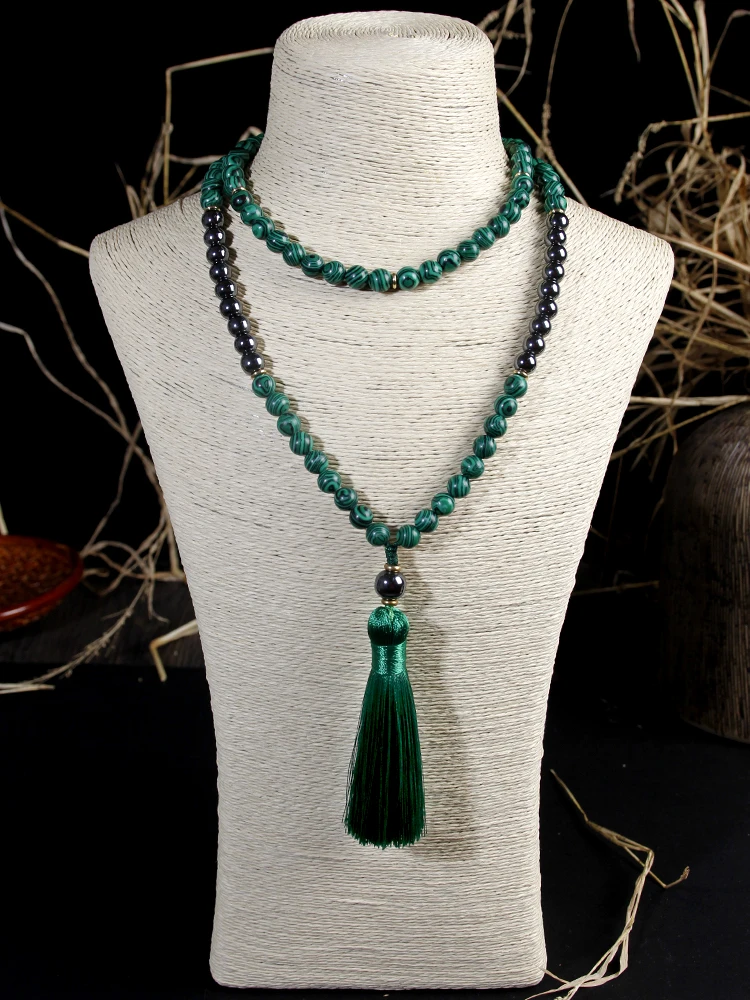 108 malachite stone beads Necklace With Cotton tassel Pendant,male and female necklace yoga,Meditation,108 Mala,Dropshipping