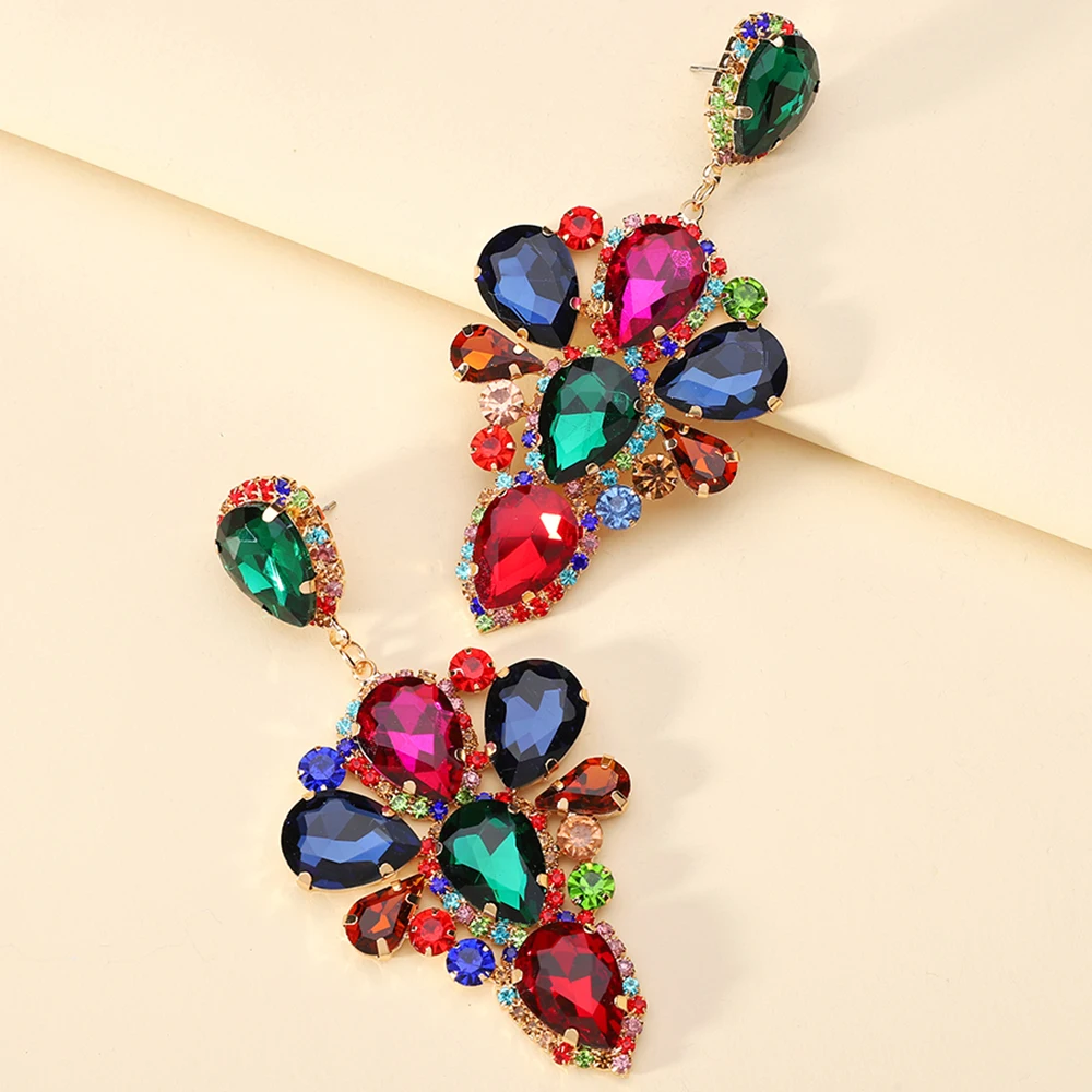 

Bohemian Fashion Exaggerated Chandelier Big Dangle Earrings For Women Luxury Colorful Sparkly Crystal Female Prom Party Jewelry