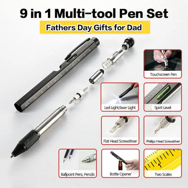 

9 In 1 Multifunctional Tool Pen Metal Ballpoint Pen Screwdriver Measure Technical Ruler Spirit Level Touch Screen Stylus