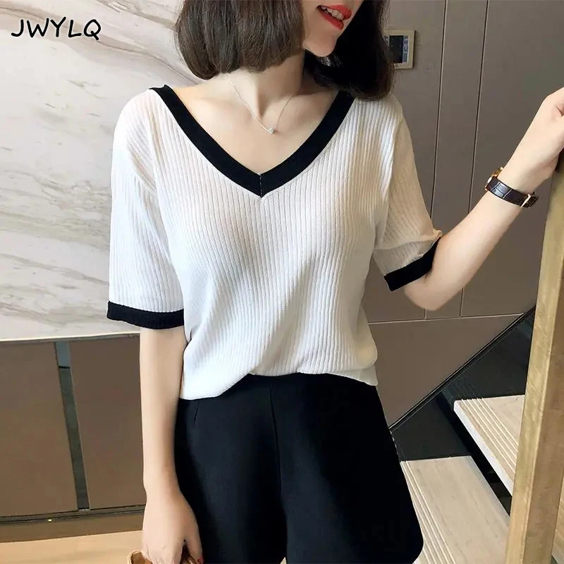 

Summer V Neck Hit Color Short Sleeve Pullover Sweater Casual Thin Slim Knitted Sweater New Basic Simple T-shirt Womens Sweaters