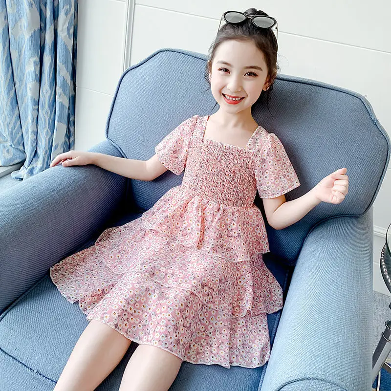 

2023 Summer Girls Ball Gown Dress Tight Waist Children's Clothing Short Sleeve Kids 3 9 11 12 Years Cake Cupcake Chiffon Dresses