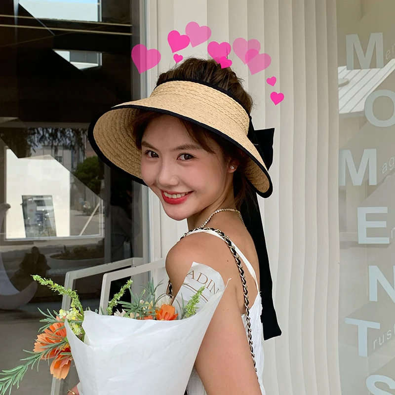 

French Elegant Lafite Empty Top Cap Summer Beach Vacation Sunscreen Bow Roof Sun Hat Ins Korean Fashion Ribbon Women's Hats