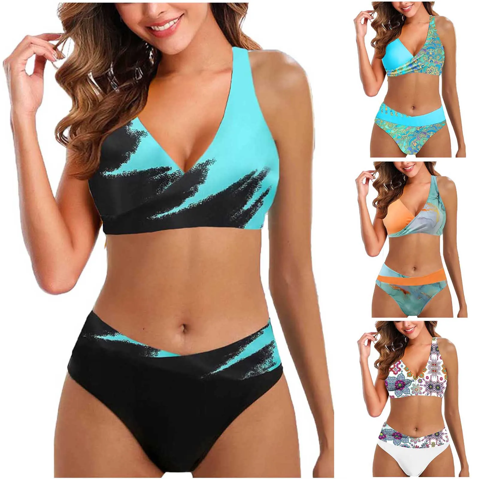 

Women's Fashion Split High Waist Printed Bikini With Bra Pads And No Steel Bra Swimsuit Printe Fit Women's two-piece swimsuit