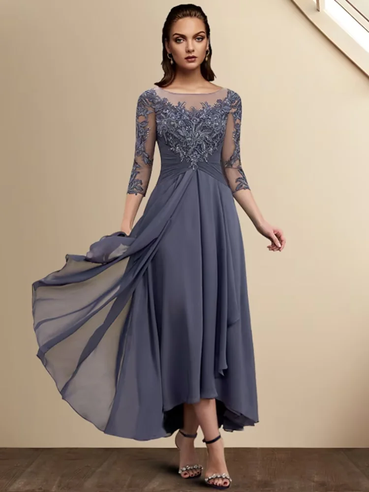 

Mermaid Mother of the Bride Dress Elegant Illusion Neck Knee Length Satin Lace 3/4 Sleeve with Appliques Evening Gown