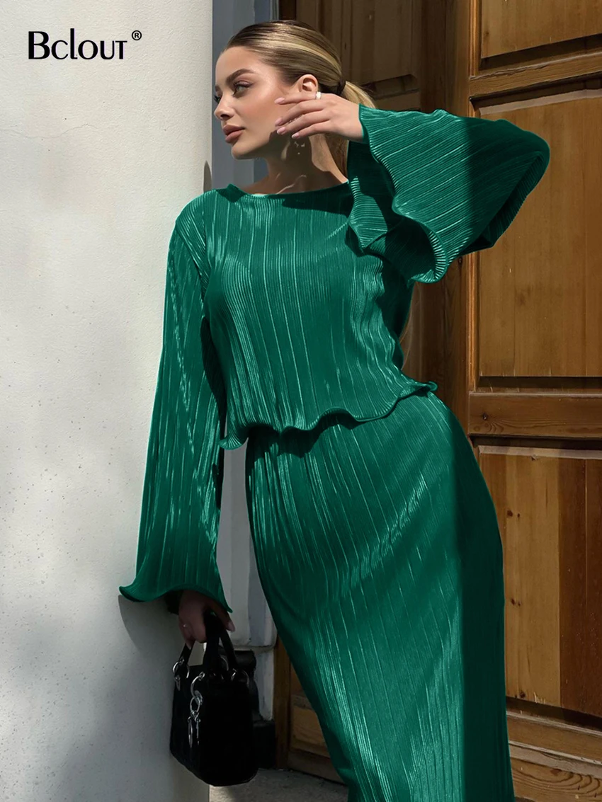 

Bclout Fashion Pleated Green Skirts Sets Womens 2 Pieces Outfits Elegant O-Neck Flare Sleeve Tops Autumn Party Long Skirts Suits