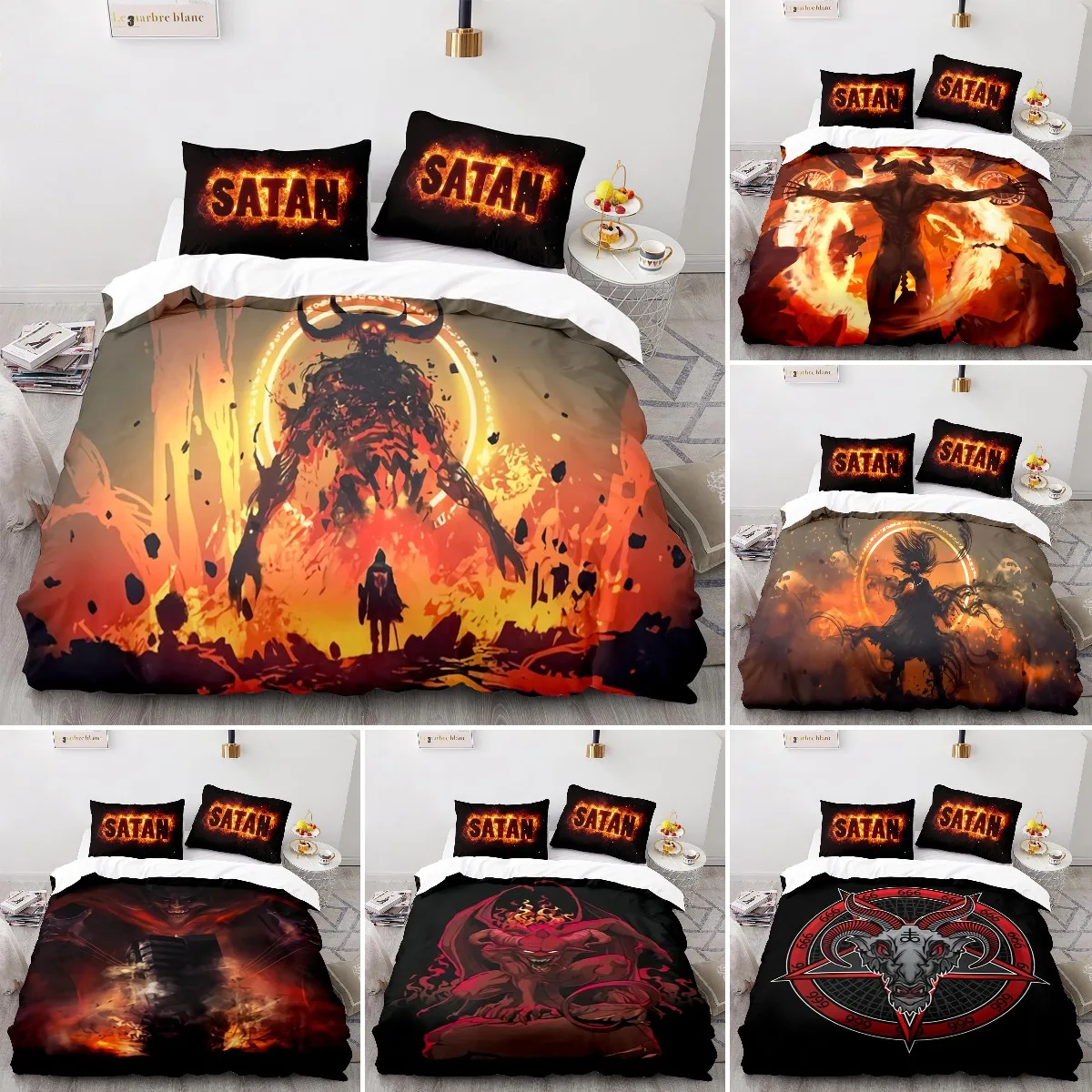 

Satan King Queen Duvet Cover Myth Style Quilt Cover Pillowcases 3D Horror Bedding Set Grim Reaper Comforter Cover for Teens Boys