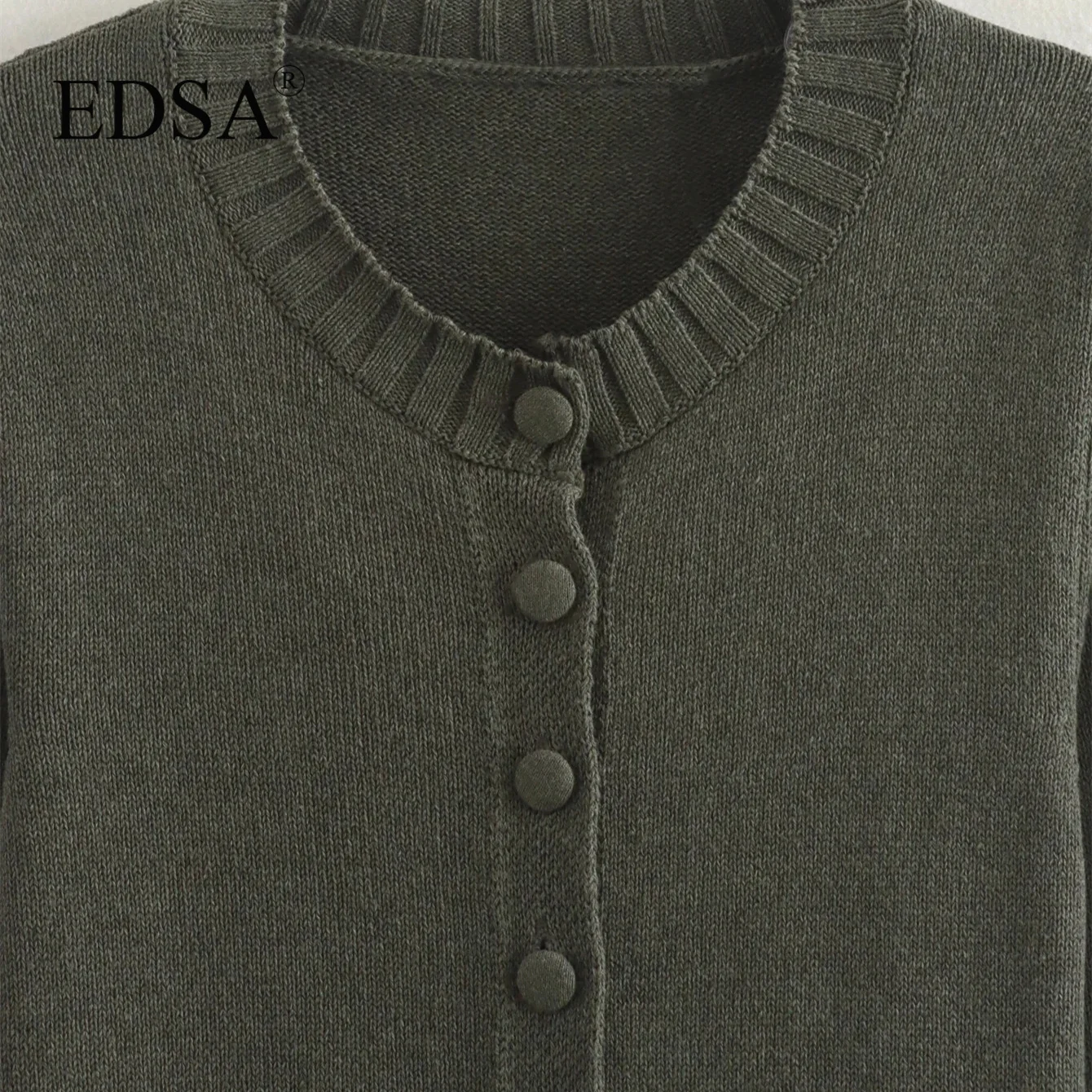 Женский трикотажный кардиган EDSA Зеленый однобортный свитер с круглым вырезом и