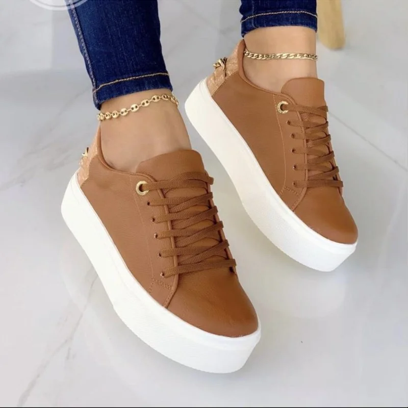 Women's Shoes 2023 New Flat Shoes Sports Casual Fashion Versatile Sneakers Lace Up Large Size Temperament Solid Color Casual