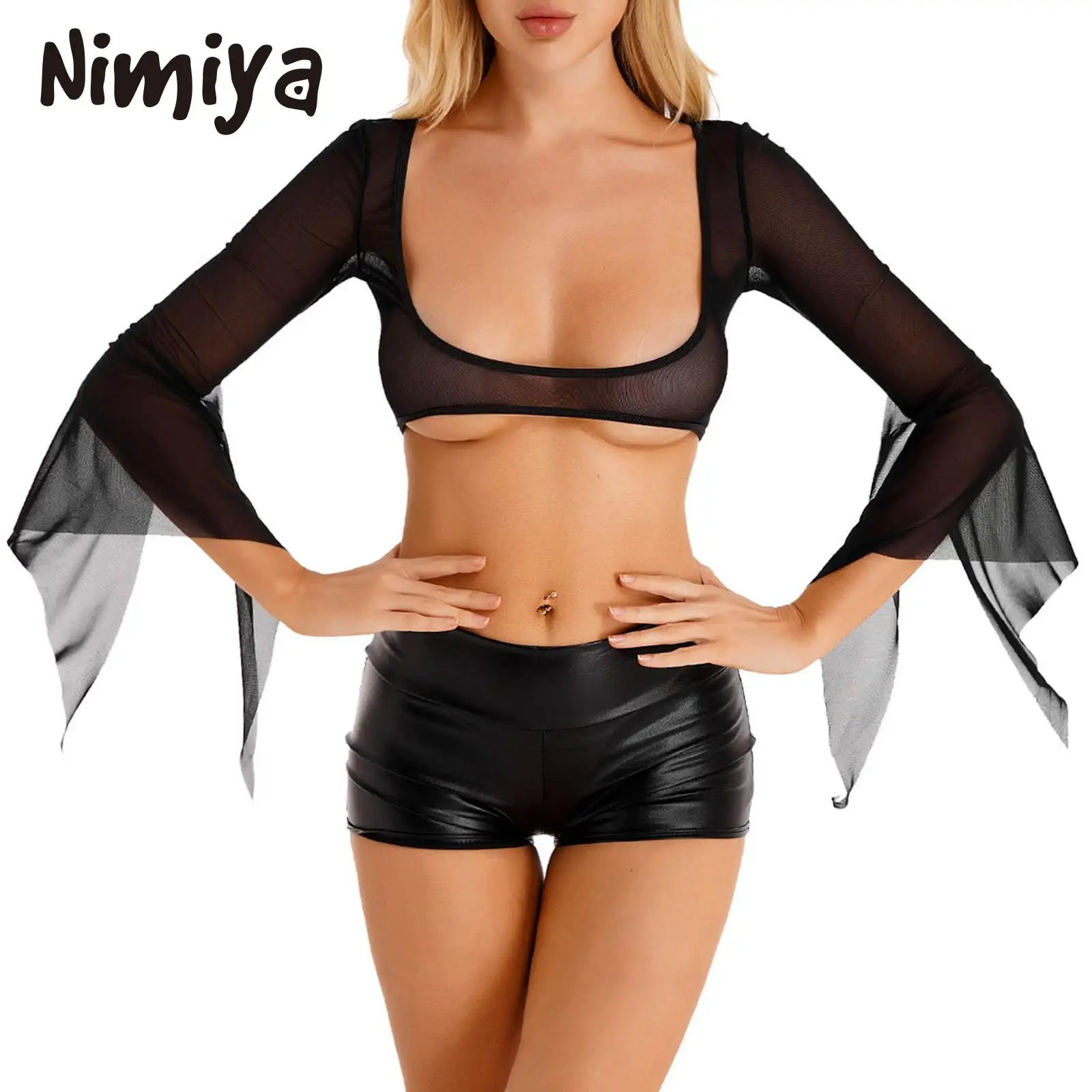 

Nimiya Womens Open Bust Pure Sheer Mesh Crop Tops See-through Split Flare Sleeve Belly Dance Tops Nightclub Breathable Cover Ups