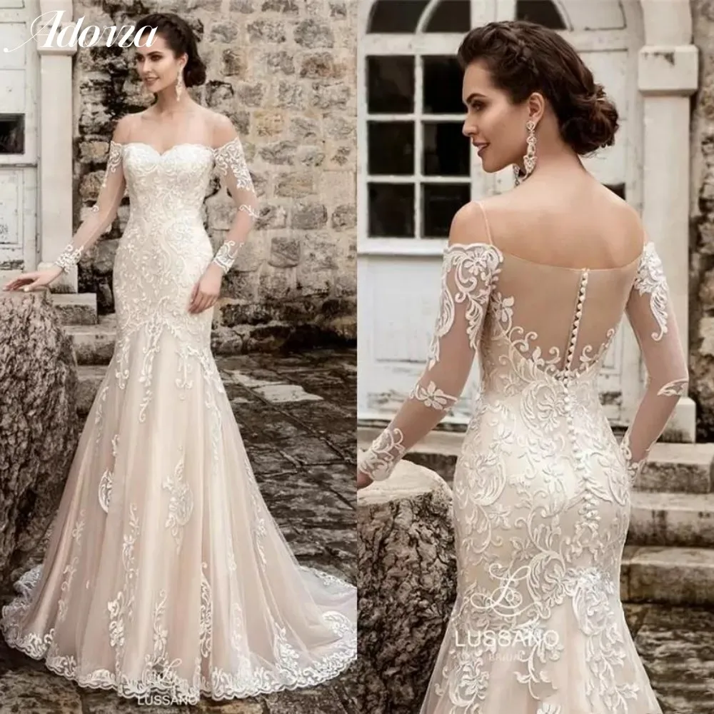 

Adorza Sweetheart Court Train Lace Appliques Tulle Mermaid Wedding Dress New Design Long Sleeves Bridal Gown Vestido De Novia