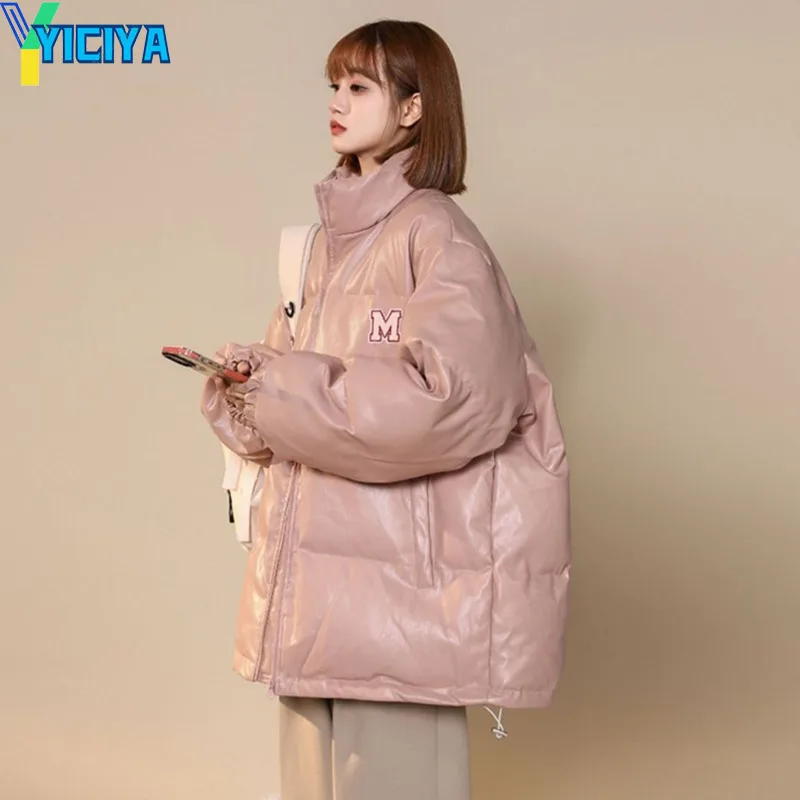 YICIYA Parkas Women Unisex Students Simple Solid Casual Loose Fashion Thicken Winter Stand-neck Coats BF Zipper Streetwear Chic