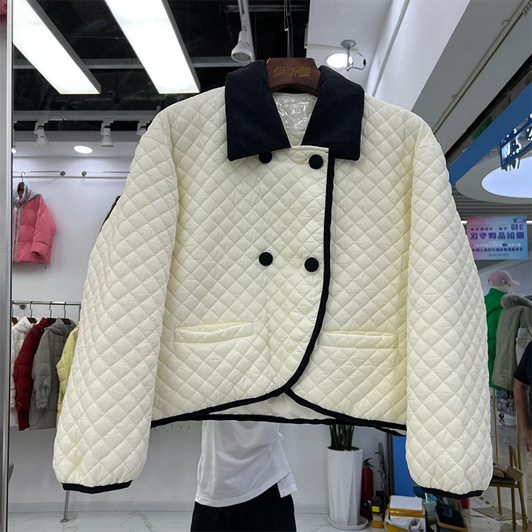 

Light Thin Down Jacket Women's Retro Diamond Check Contrast Lapel Loose Casual Long Sleeve White Duck Down Coat F568