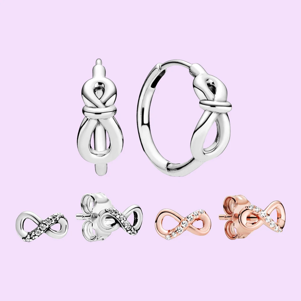 

925 Silver Sparkling Infinity Stud Earrings fit for Pandora Luxury Ladies Banquet Romantic Jewelry Gift