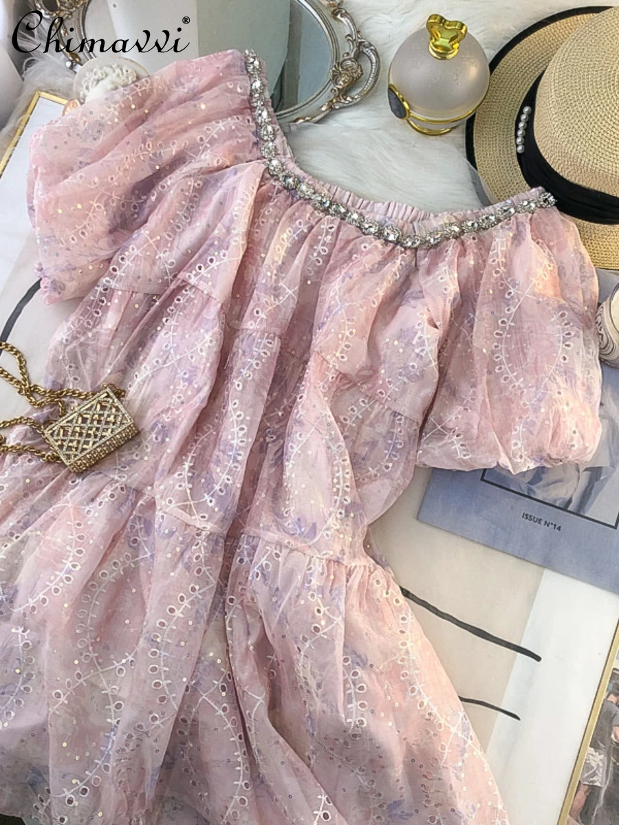 

French Romantic Diamond-Embedded Off-Neck Dress for Women 2022 Summer New Fashion Puff Sleeve Hollow Girly Style Short Dresses