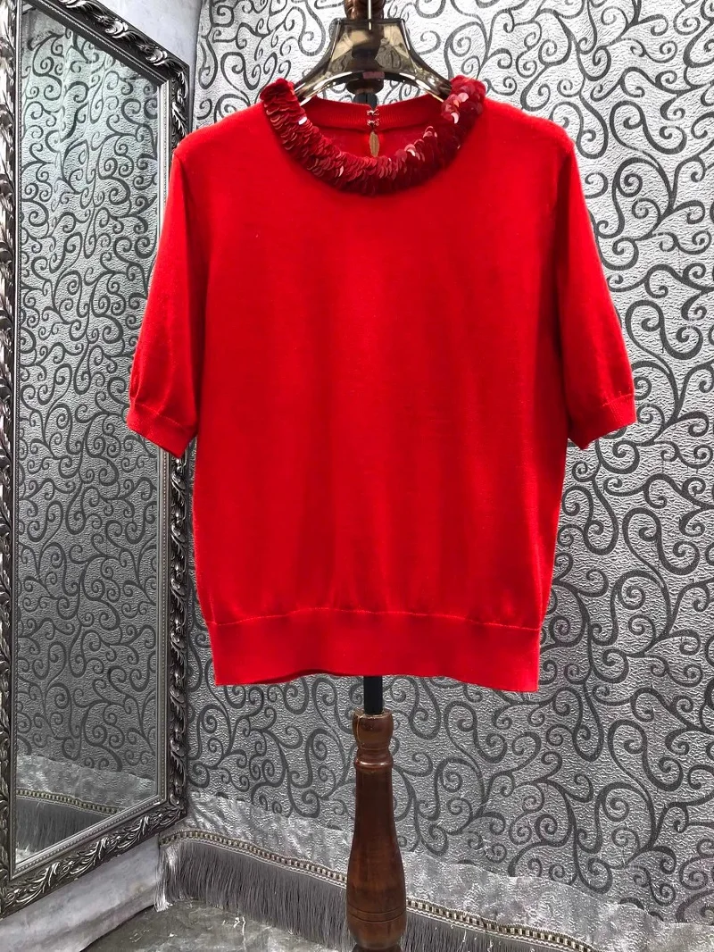 Женский джемпер с коротким рукавом красного черного или бежевого цвета