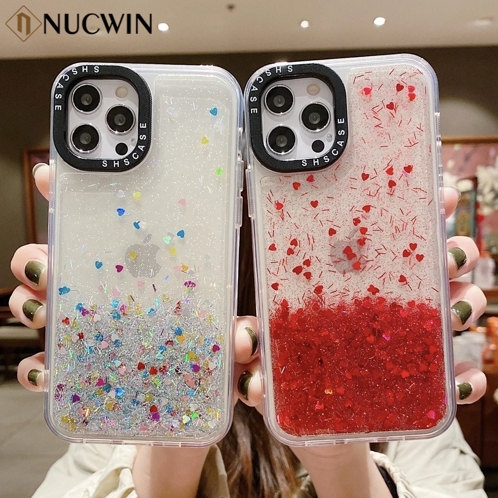 

Love Heart Glitter Quicksand Case For iPhone 13 Mini 12 11 Pro Max X Xr Xs Max 7 8 6 6s Plus SE 2 Epoxy Transparent Soft Cover
