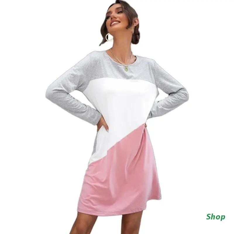 

Женское платье-футболка средней длины с длинным рукавом и круглым вырезом