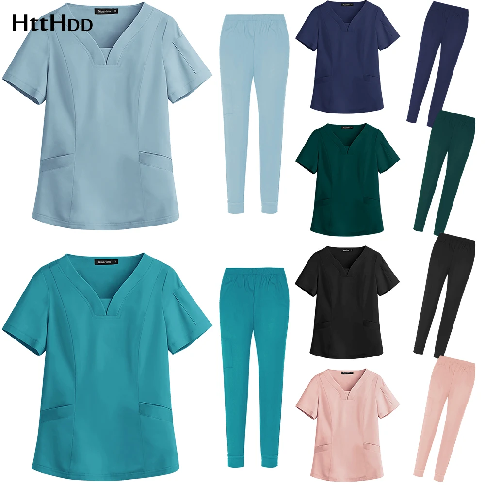 Women Men Medical Uniform Scrub Sets V Neck Top Pants Soft Lightweight Pocket Nursing Slim Suit Short Sleeve Nurse New | Тематическая