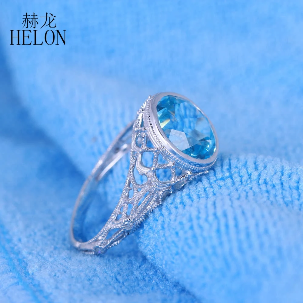 HELON Solid 14k 10k White Gold Round 10mm Flawless Blue Topaz Diamonds Art Deco Vintage Fine Jewelry Engagement Ring Women Gift