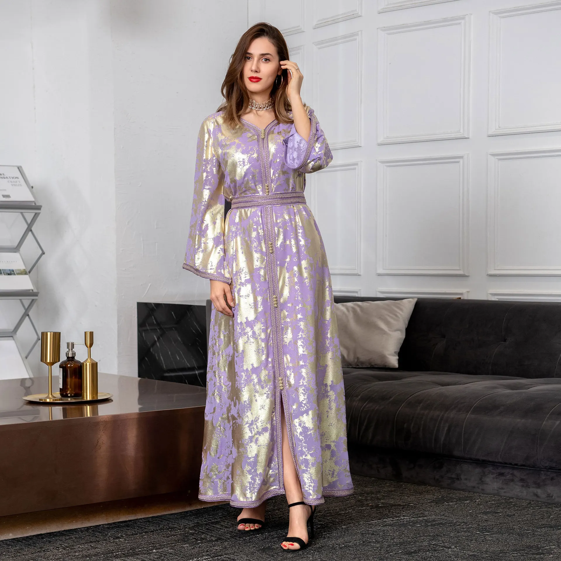 

Robe Middle East 2022 Autumn new Muslim hot gold robe female two-piece dress with belt muslim dress women dress for women