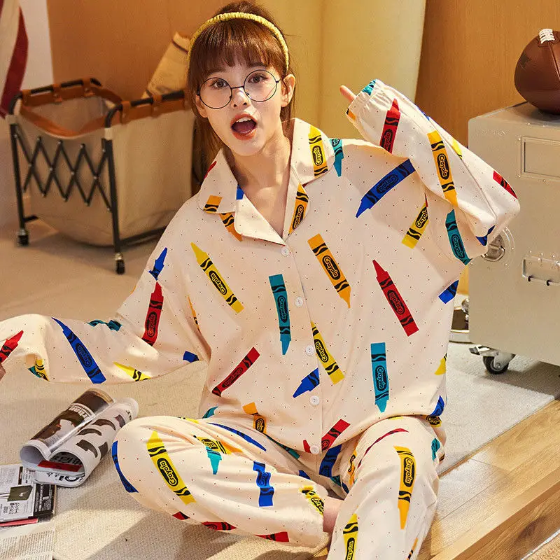 QWEEK Women's Cotton Pajamas Spring Autumn Sleepwear Teen Girls Home Clothes Pyjamas Cute Puppy Pijamas Suit for Home Loungewear