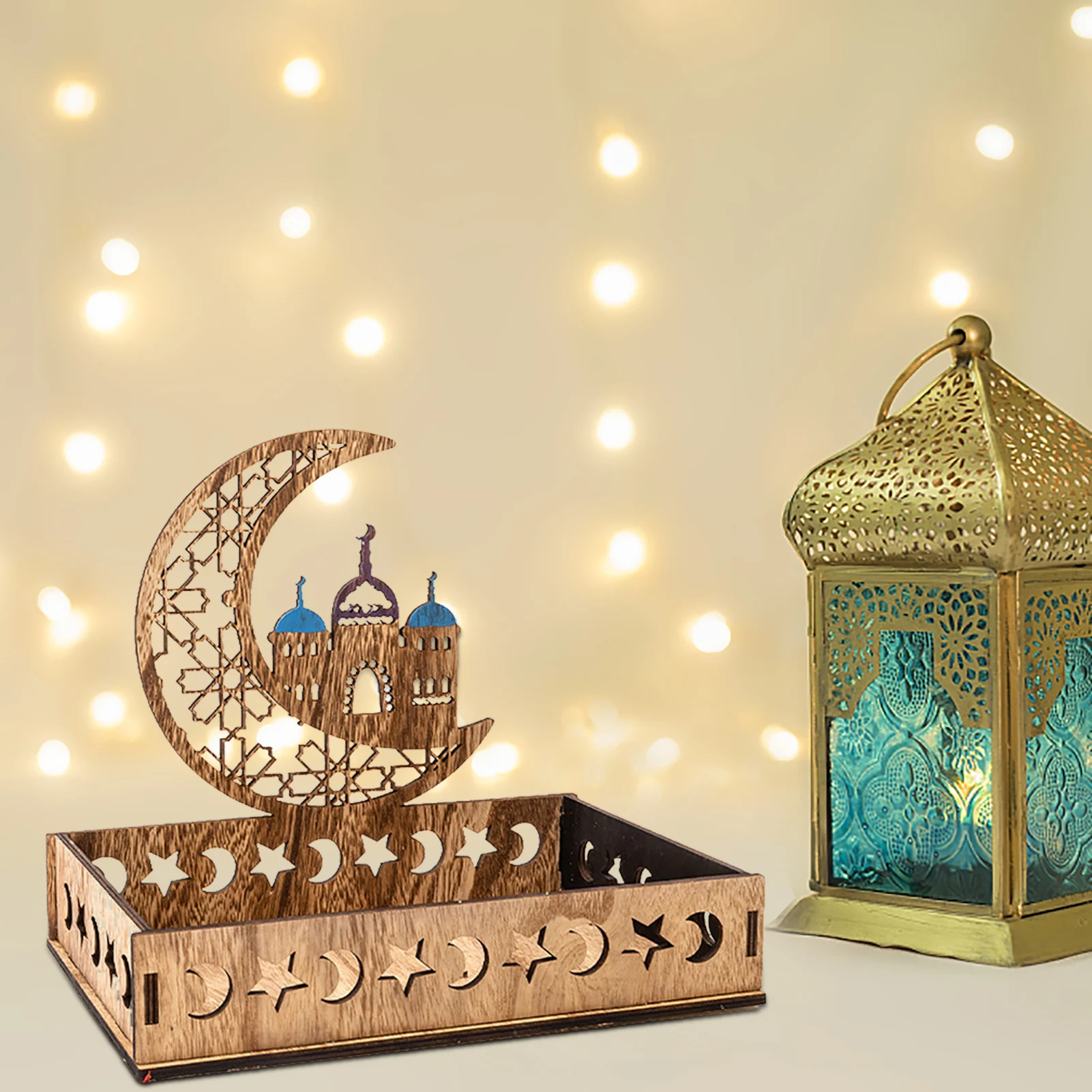 Wooden Eid Mubarak Decoration Ramadan Food Dessert Tray Moon Star Serving Plates Islam Muslim Supplies EID AI Adha Party Decor