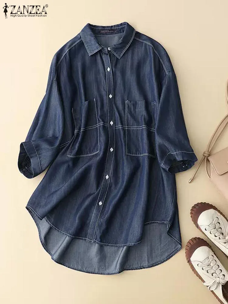 

ZANZEA Casual Loose Shirt Button Up Pocket Tunic 2023 Summer Women Blouse Denim Lapel Holiday Half Sleeve Fashion Solid Tops