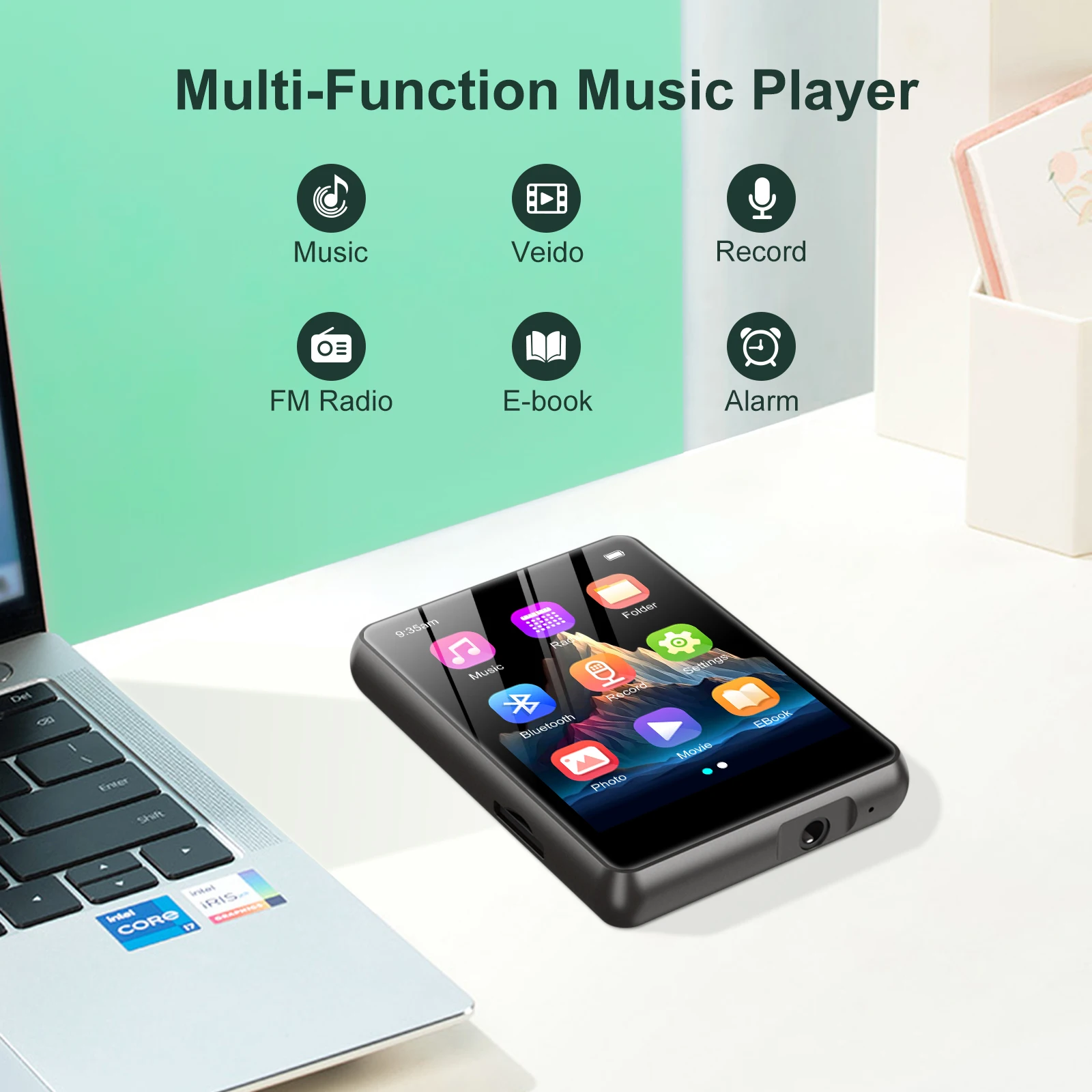 Фото MP3-плеер на 64 ГБ, портативный цифровой музыкальный плеер с Bluetooth 5.3, 2,4-дюймовым сенсорным экраном, динамиком, FM-радио и функцией записи. №3