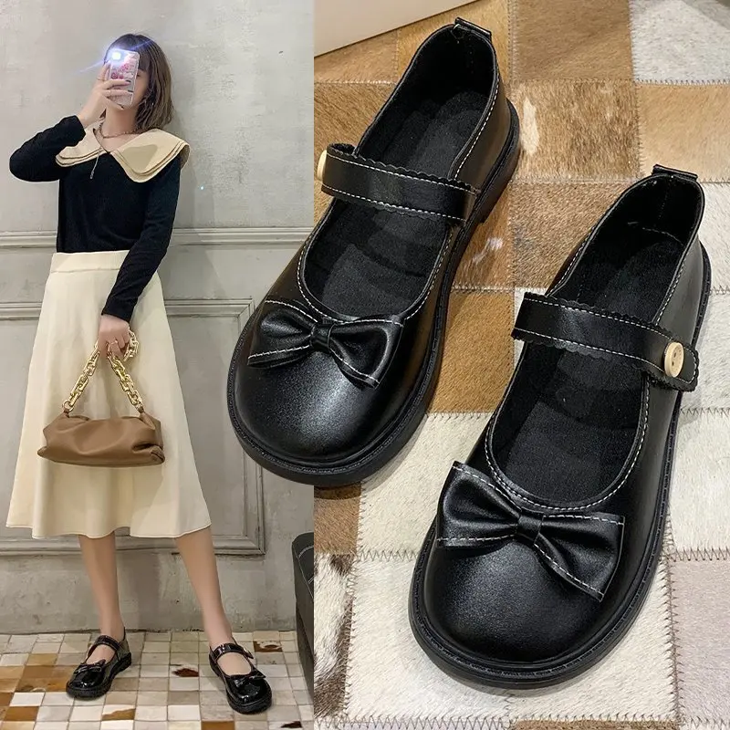 

2022 Spring Autumn New Lovely Pumps for Woman Round Toe Low Heel Mary Janes Shoes with Butterfly-knot Comfortable for Daily