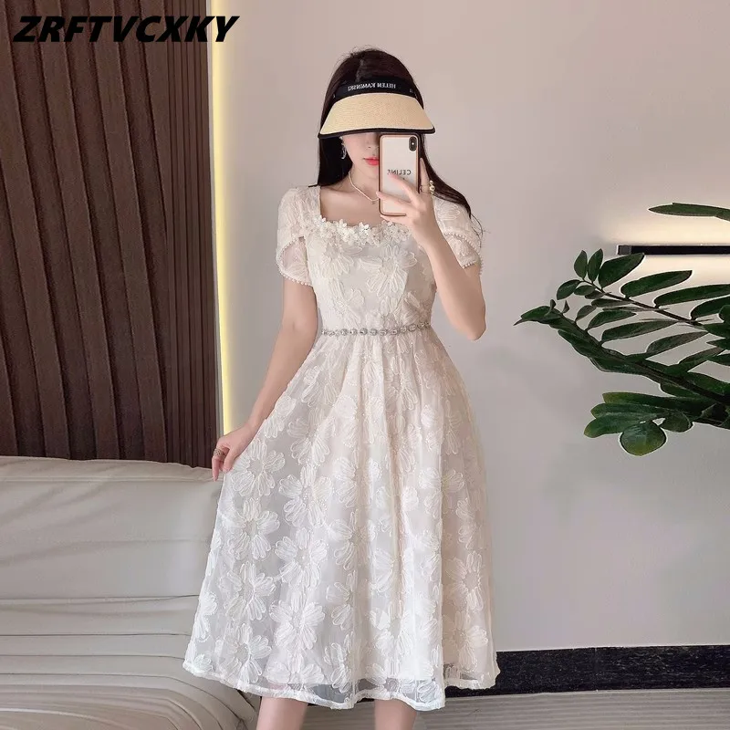 ZRFTVCXKY Women Square Neck Summer Sweet Dresses Clothing Luxury Flower Embroidery Sequines Mesh A-Line Knee-length Dress Female