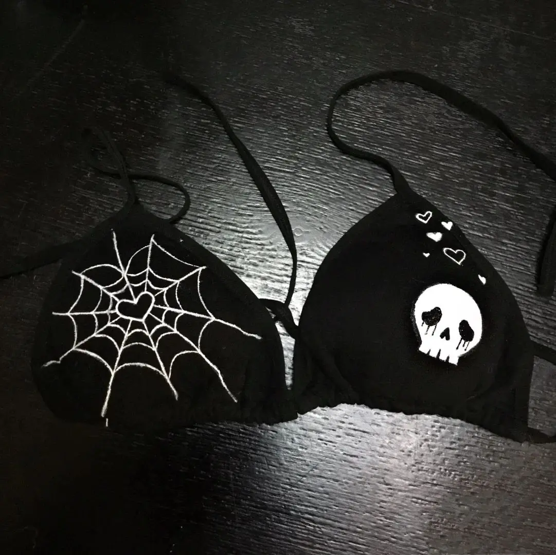 Женский топ без рукавов Черный Уличный с принтом паутины и черепа Y2k