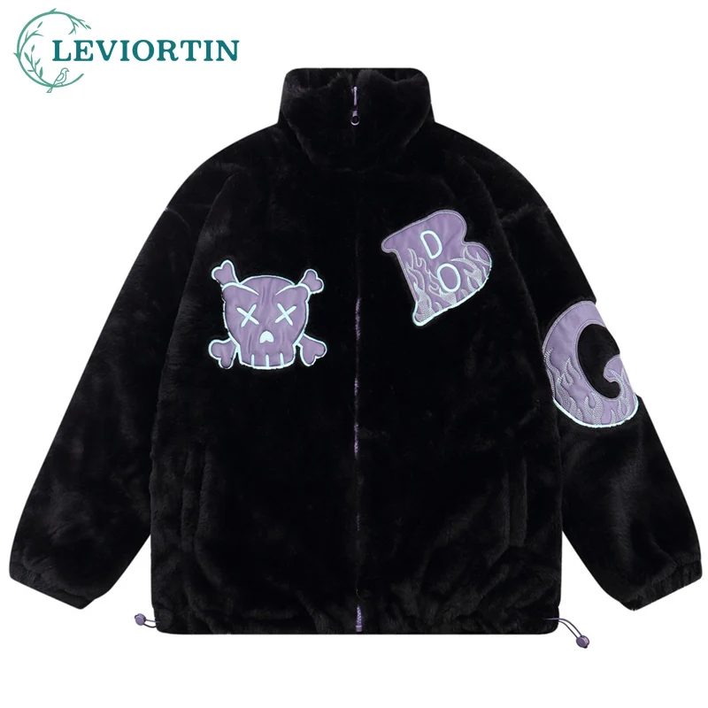 

Зимняя мужская и женская куртка из плотного флиса с нашивкой в виде черепа, уличная мода, хлопковое зимнее теплое пальто с воротником-стойко...