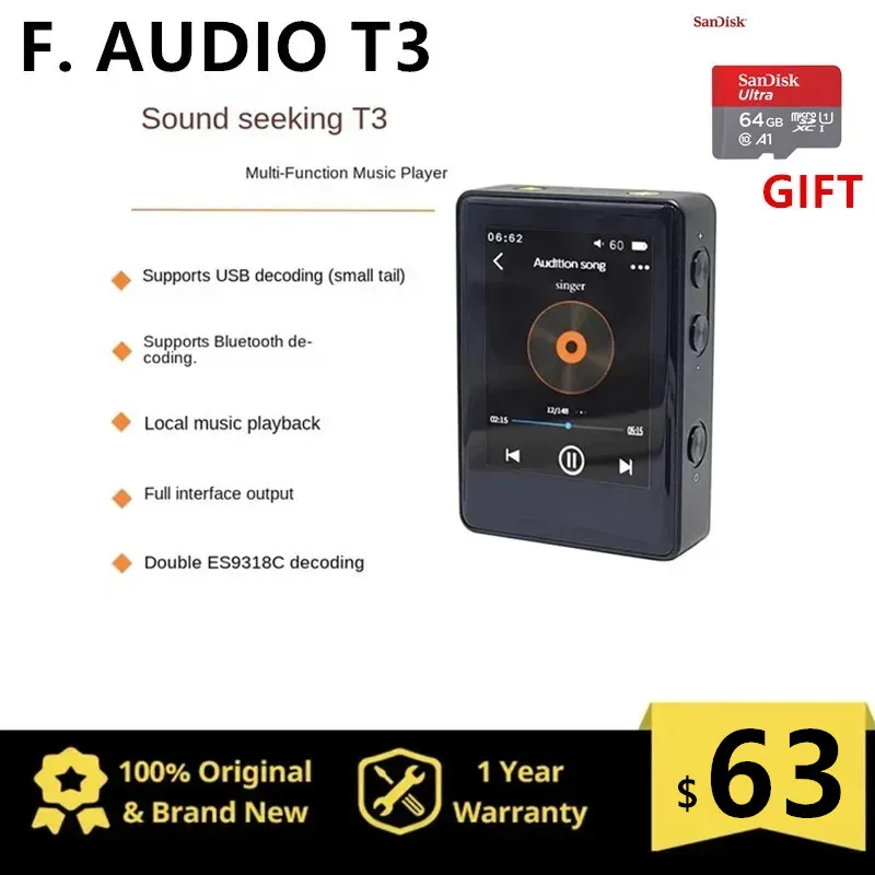 F. Высококачественный Hi-Fi DSD-плеер AUDIO T3, маленький USB-декодер, Bluetooth, двойной ES9318C, 32 бит, 768 кГц, поддержка DSD256, аудиоплеер