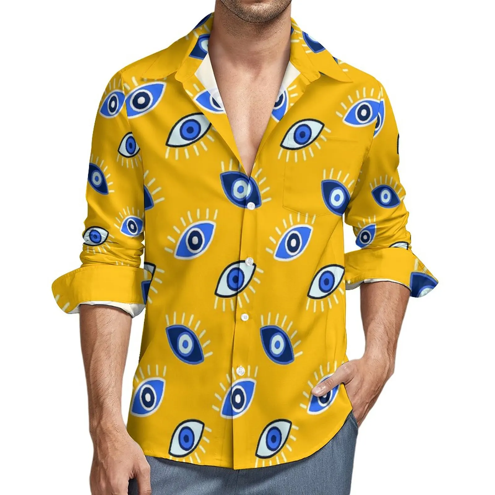 

Evil Eye Shirt Men Greek Mati Mataki Casual Shirts Spring Street Style Design Blouses Long Sleeve Retro Oversized Top Gift Idea