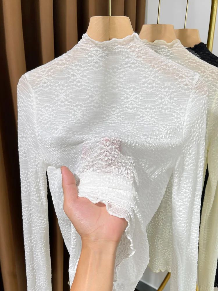 Осенне-зимняя женская рубашка с кружевным низом и полувысоким воротником новый