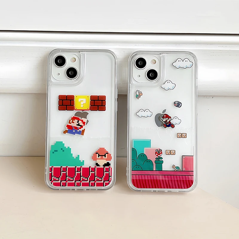 

Cartoon Game Marios Luxury Quicksand Phone Case for IPhone 14 13 12 11 Pro Max 14 Pro Couple Transparent Anti-drop Back Cover