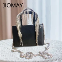 jiomay luxury designer handbags shining rhinestone bag for women 2022 ladies crystal tassel purse mini black tote bag with chain