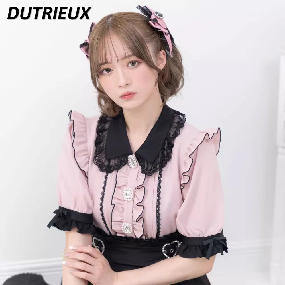 

Japanese Style Sweet Cute Short Sleeve Shirt Girls Lace Doll Collar Puff Sleeve Casual Blouse All-Matching Women's Tops Summer