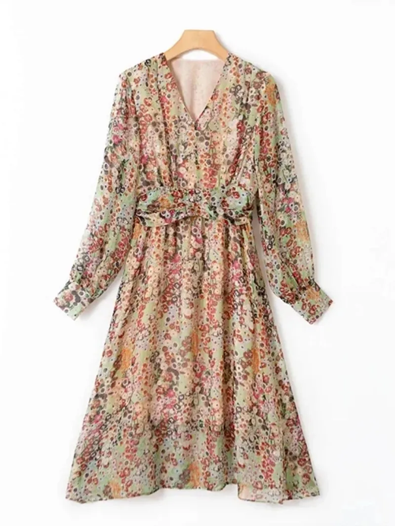 

Women Midi Dress Printing Long Sleeve Prairie Chic Robe