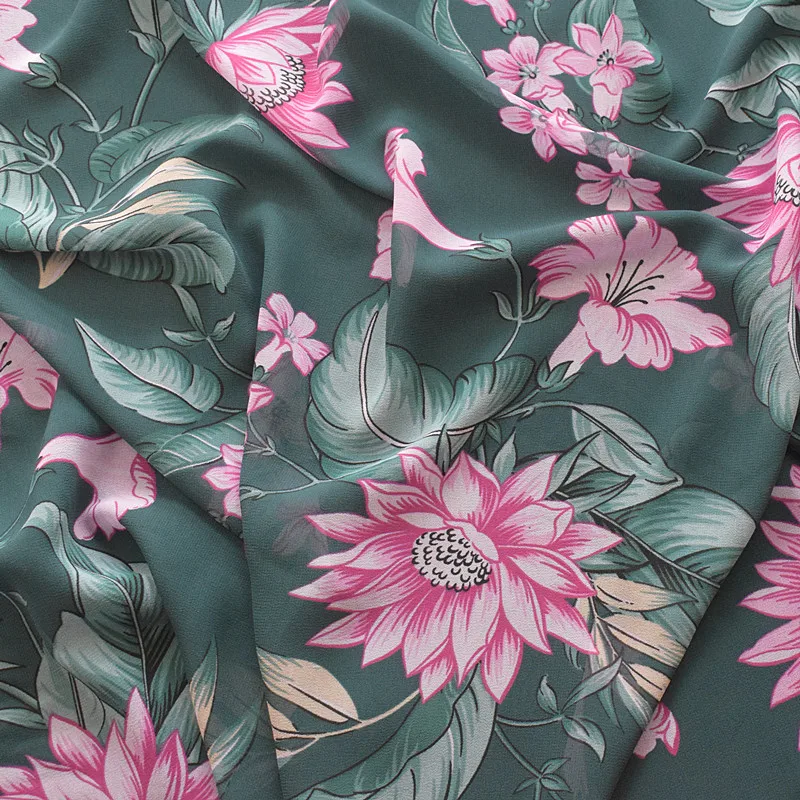 

Fashion Fabric Art High Viscosity Chiffon Fabric Spring And Summer Printed Fabric Dark Green Bottom Small Lotus Soft