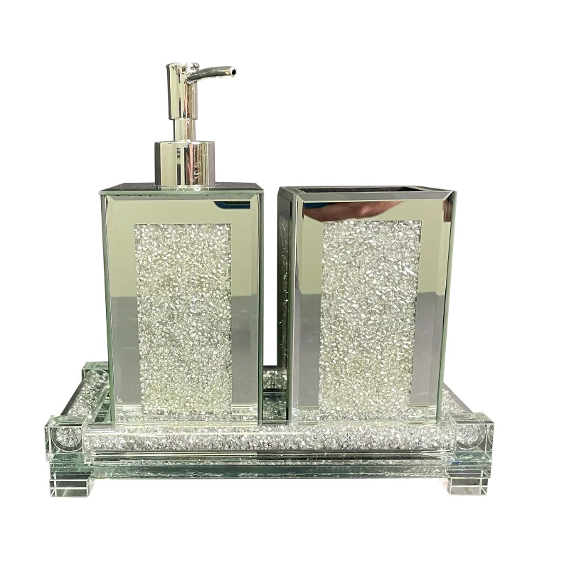 

Ambrose Exquisite 3 Piece Square Soap Dispenser and Toothbrush Holder with Tray Silver Glass [US Stock]