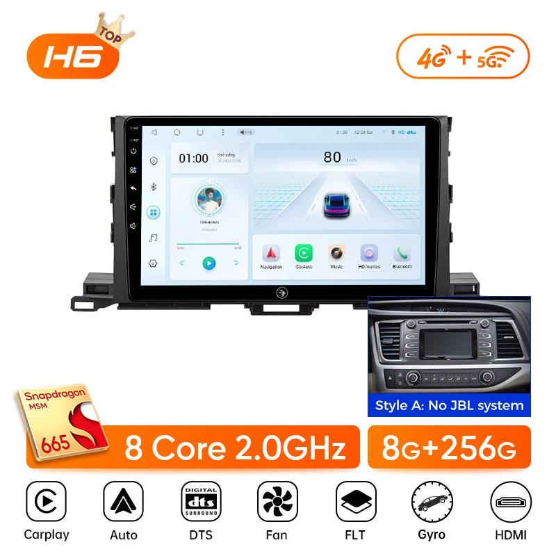 

Автомобильное радио Ainavi для Toyota Highlander 2014 2015 2016 2017 2018 2019, беспроводной мультимедийный Carplay Android Auto Qualcomm 665