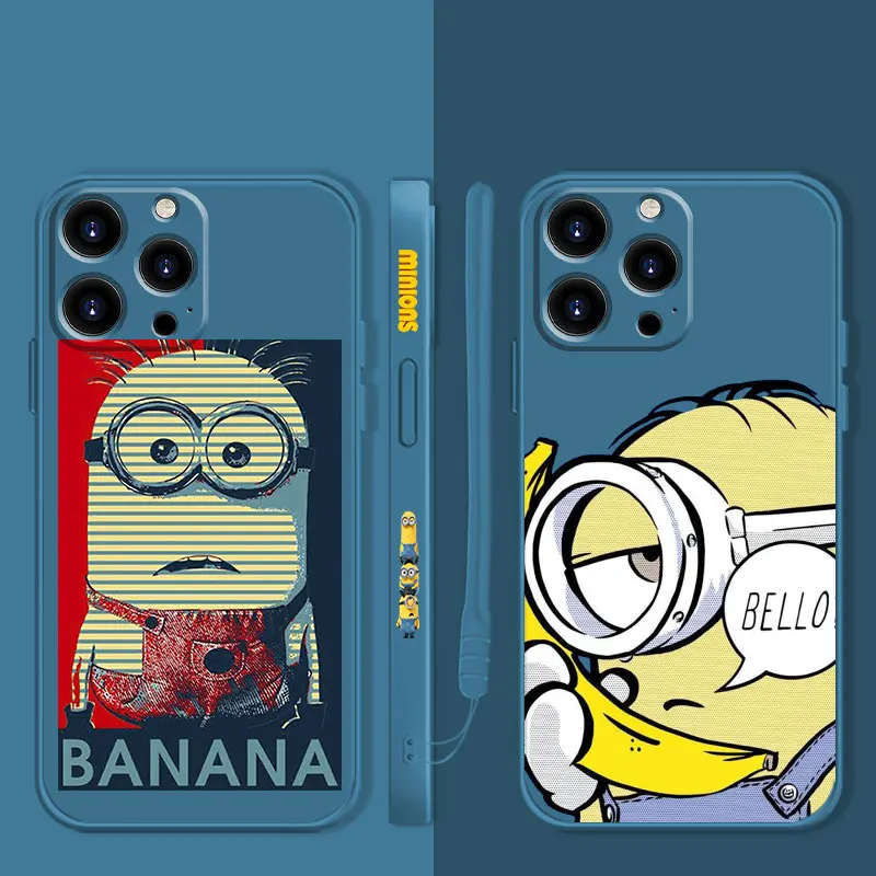 

Square Liquid Phone Case For Apple iPhone 14 13 12 11 Pro Max 13 12 Mini XS XR X 7 8 6 6S Plus Cover Minions Banana Stuart Kevin