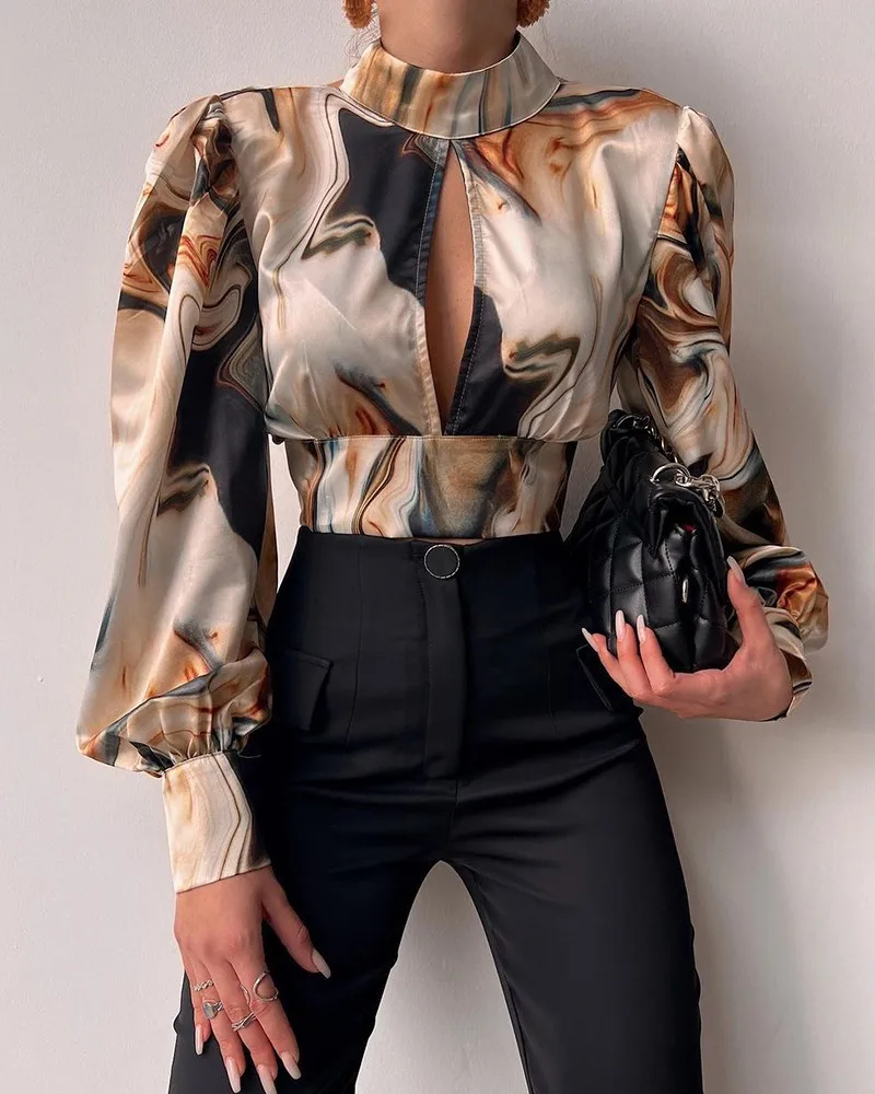 

Women Chic Half High Neck Keyhole Blouse Long Lantern Sleeves Abstract Pattern Top Sexy Bodycon Working Short Tops