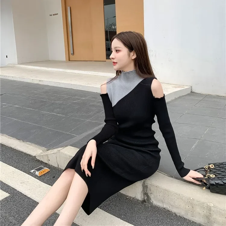 Черно-серое платье с открытыми плечами и длинными рукавами высококачественный