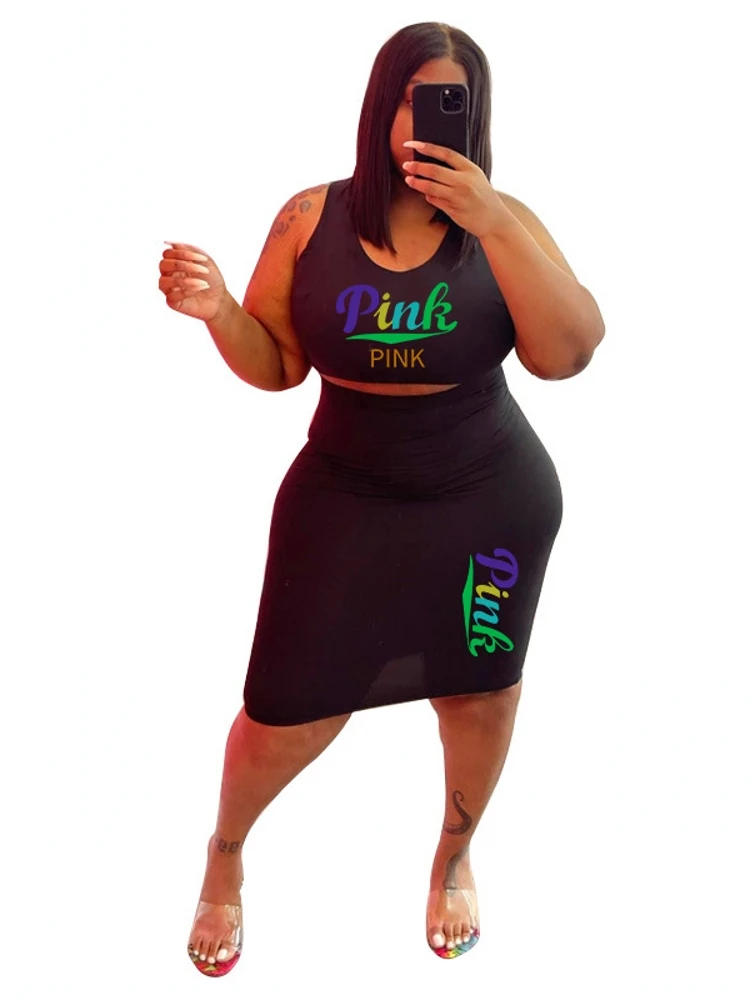 

5XL Plus Size Sets Women Clothes 2 Piece Skirts Sets Tank Crop Tops And High Waist Skirt Suit Summer Letter Print Casual Outfits