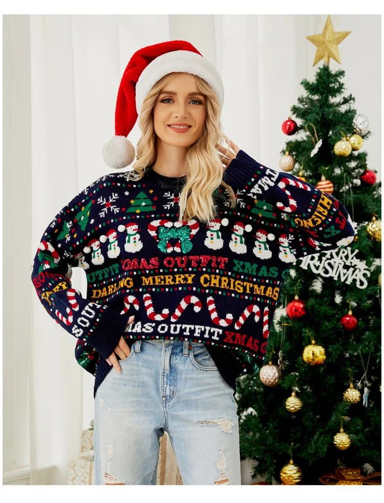 

2023 elegant casual,Loose knit sweater Autumn/Winter Christmas tree round neck sweater Little snowman sequin Christmas sweater